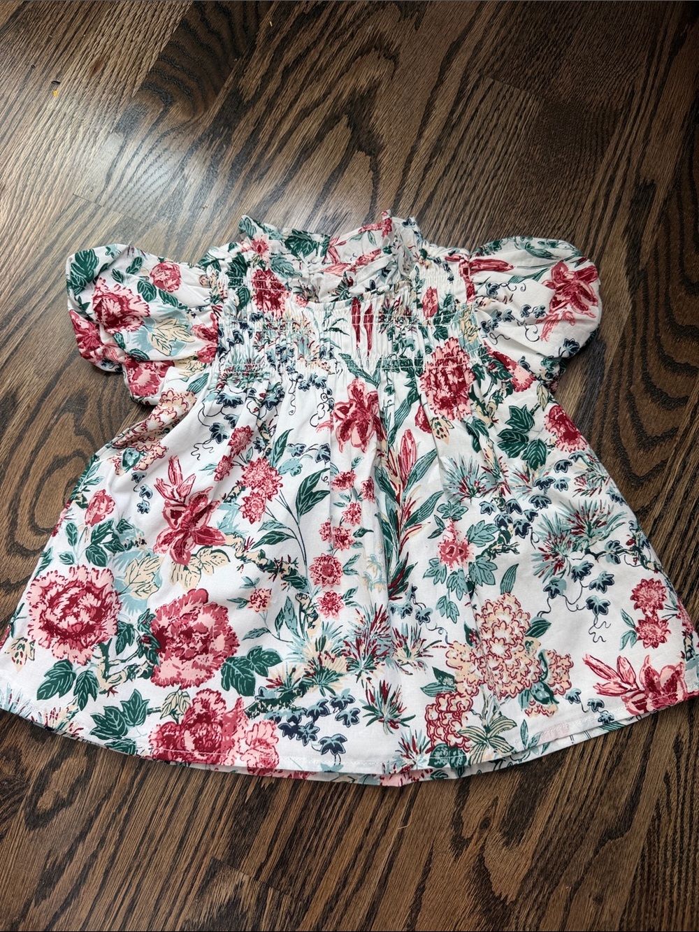 Janie and Jack White Floral Puff-Sleeve Top with Pink and Green Blooms